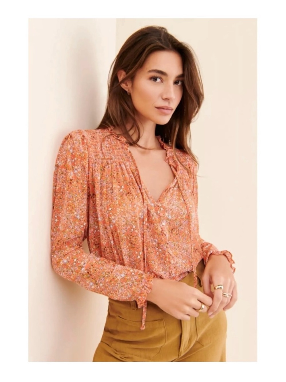 Free People Orange Floral Tie-Front Boho Cottage Chic Blouse